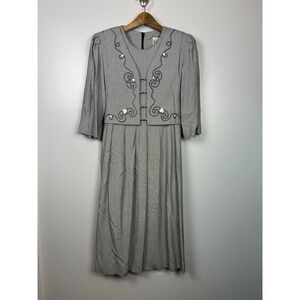 Vintage 90s Peri Petite Black White Houndstooth Embroidered Dress 10 Rose Modest